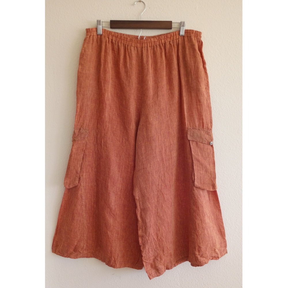 I.C. by Connie K Terracotta Orange‎ 100% Linen Wide Leg Crop Cargo Pants Size L